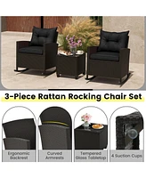 3-Piece Patio Rattan Roker Chairs with Tempered Glass Table and Soft Cushions-Black