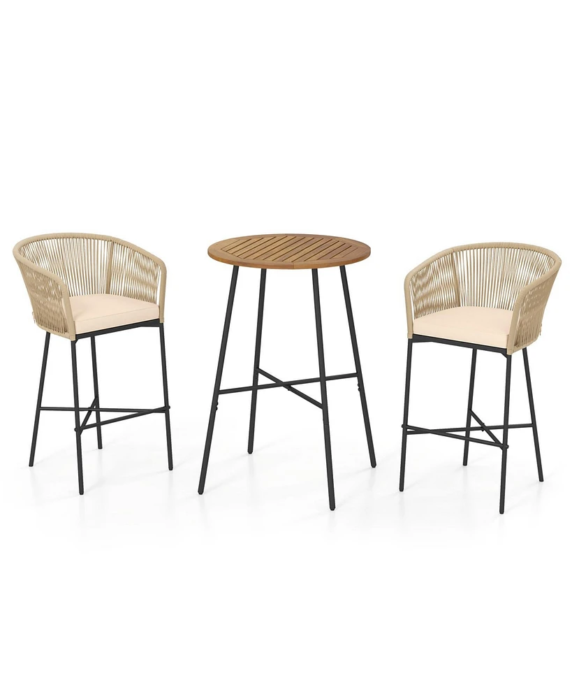 3 Pieces Rope Woven Patio Bar Set with Soft Cushions and Acacia Wood Tabletop
