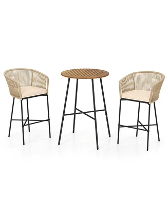 3 Pieces Rope Woven Patio Bar Set with Soft Cushions and Acacia Wood Tabletop