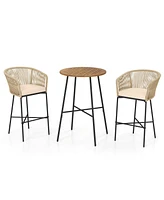 3 Pieces Rope Woven Patio Bar Set with Soft Cushions and Acacia Wood Tabletop