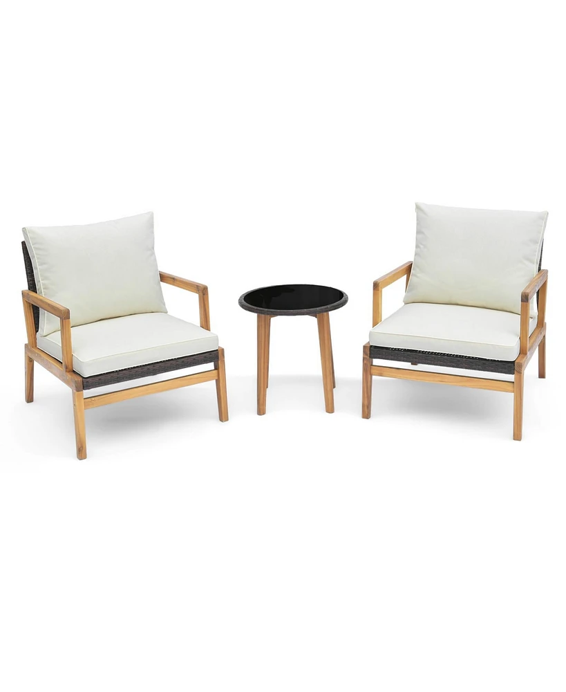 3 Pieces Patio Furniture Set with Cushioned Chairs and Tempered Glass Side Table-Brown