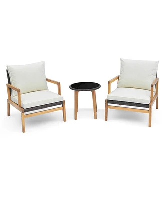 3 Pieces Patio Furniture Set with Cushioned Chairs and Tempered Glass Side Table-Brown