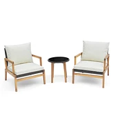 3 Pieces Patio Furniture Set with Cushioned Chairs and Tempered Glass Side Table-Brown