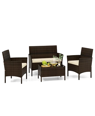 4 Piece Patio Rattan Conversation Set with Cozy Seat Cushions-Beige