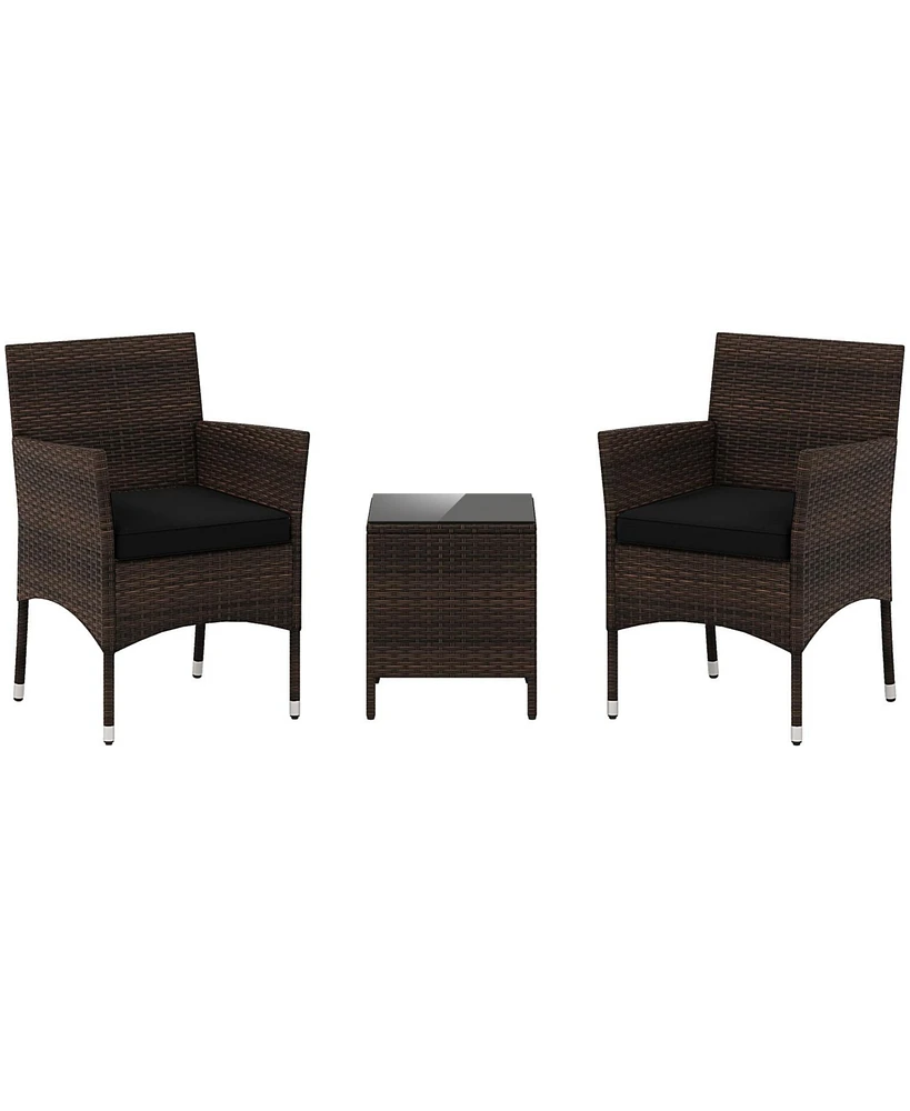 3 Pieces Outdoor Conversation Set with Cushioned Seat and Glass Tabletop-Black