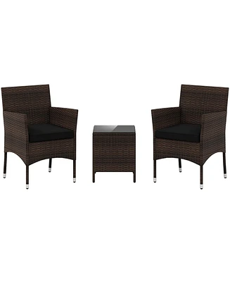 3 Pieces Outdoor Conversation Set with Cushioned Seat and Glass Tabletop-Black