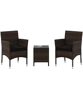 3 Pieces Outdoor Conversation Set with Cushioned Seat and Glass Tabletop-Black