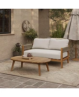 LuxenHome Outdoor Acacia Wood with Rope Sides Club Loveseat with Cushions and Coffee Table