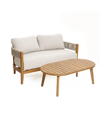 LuxenHome Outdoor Acacia Wood with Rope Sides Club Loveseat with Cushions and Coffee Table