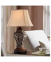 Traditional Table Lamps 32.5" Tall Set of 2 Bronze Brown Carved Leaf Openwork Vase Tan Rectangular Shade Decor for Living Room Bedroom House Beds