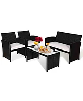 Gymax 4PCS Rattan Patio Conversation Set Outdoor w/ Coffee Table Cushioned Sofa