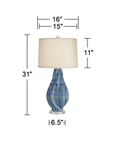 Teresa Modern Coastal Table Lamp 31" Tall Teal Blue Drip Ceramic Beige Fabric Drum Shade Decor for Bedroom Living Room House Bedside Nightstand H