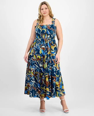 Anne Klein Plus Printed Smocked Cotton Sleeveless Maxi Dress