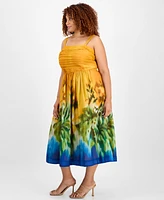 Tahari Asl Plus Printed Cotton Sleeveless Midi Dress