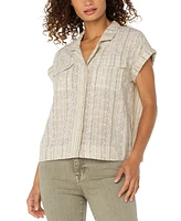Liverpool Los Angeles Petite Striped Dolman-Sleeve Camp Shirt