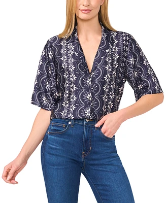 CeCe Women's Printed Short-Sleeve Camp Top