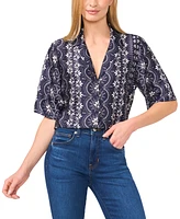 CeCe Women's Printed Short-Sleeve Camp Top