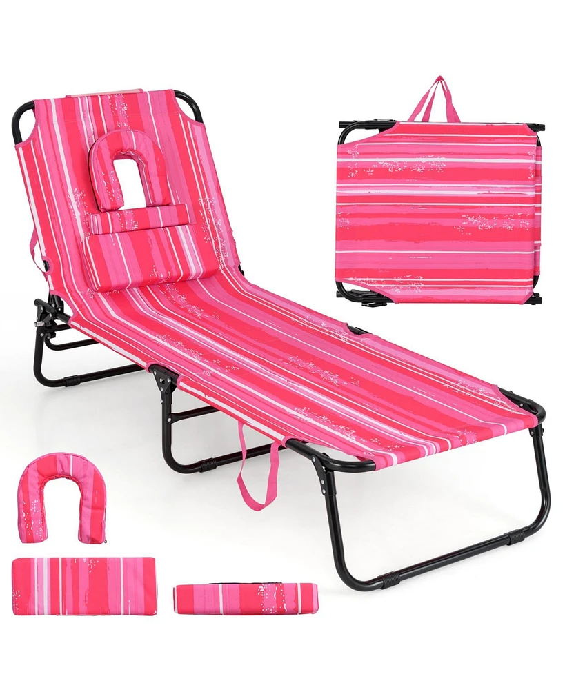 Beach Chaise Lounge Chair with Face Hole and Removable Pillow-Hot Pink