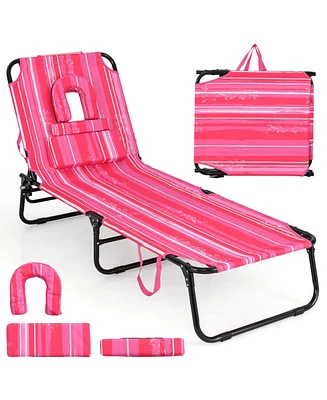 Beach Chaise Lounge Chair with Face Hole and Removable Pillow-Hot Pink