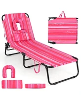 Beach Chaise Lounge Chair with Face Hole and Removable Pillow-Hot Pink