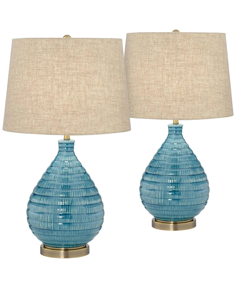 Kayley 24" High Small Mid Century Modern Coastal Table Lamps Set of 2 Blue Ceramic Linen Shade Living Room Bedroom Bedside Nightstand House Offic