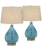 Kayley 24" High Small Mid Century Modern Coastal Table Lamps Set of 2 Blue Ceramic Linen Shade Living Room Bedroom Bedside Nightstand House Offic