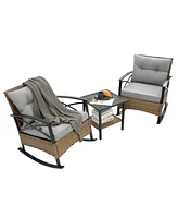 3-Piece Patio Conversation Set, Leisure Chair, Outdoor Rattan Rocking Chair Set Gray
