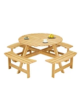 70 in. Natural Light Brown wood 8-Person Round Wooden Outdoor Picnic Table with 4 Built-in Benches and Umbrella Hole