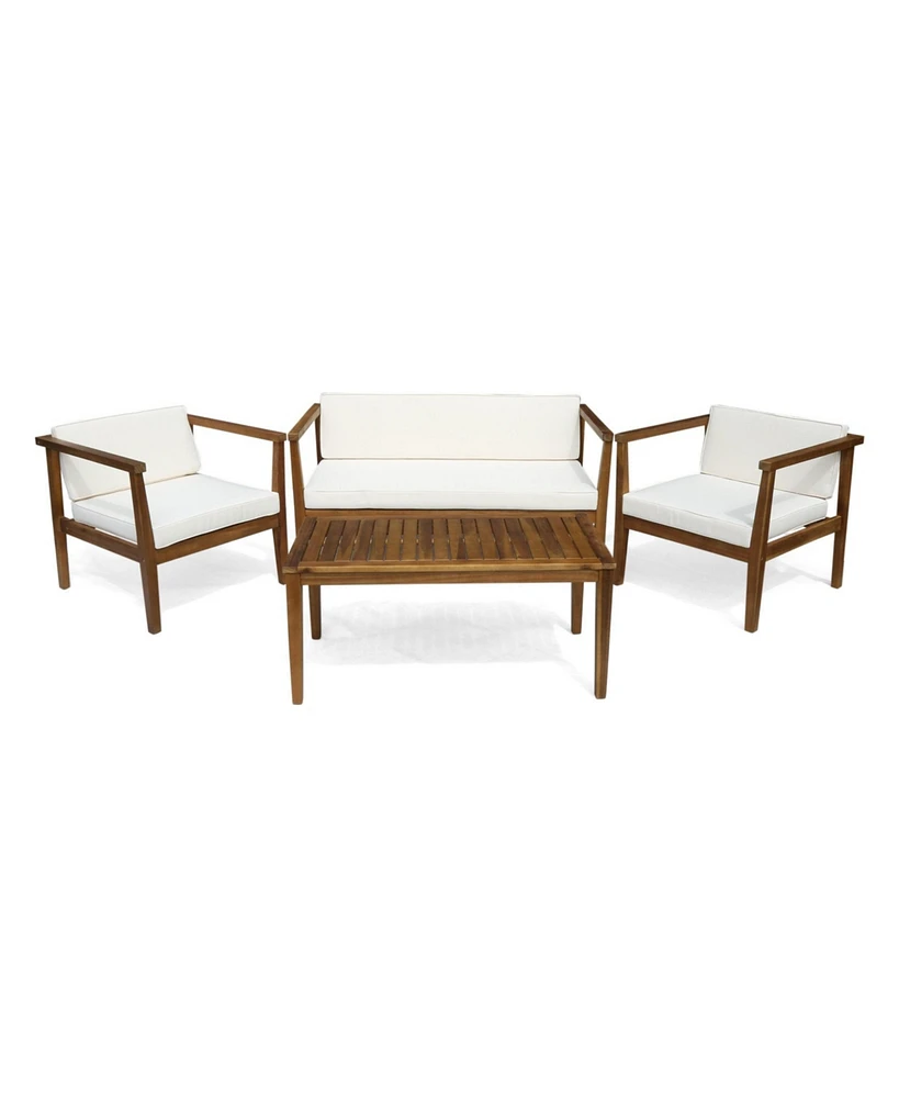 Alcove Teak Brown 5-Piece Wood Outdoor Patio Conversation Sectonal Seating Set with Beige Cushions