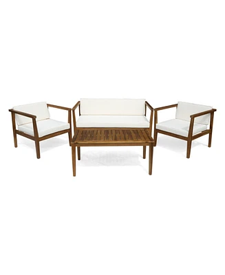 Alcove Teak Brown 5-Piece Wood Outdoor Patio Conversation Sectonal Seating Set with Beige Cushions