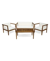 Alcove Teak Brown 5-Piece Wood Outdoor Patio Conversation Sectonal Seating Set with Beige Cushions