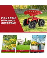 Garden Rolling Workseat with 360° Swivel Seat and Adjustable Height-Red