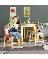 5 Piece Kiddy Table and Chair Set , Kids Wood Table with 4 Chairs Set Cartoon Animals