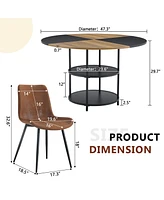47" Round Dining Set: Table & 4 Brown Chairs