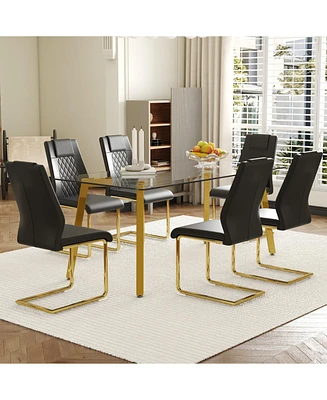Golden Leg Glass Table & 6 Black Pu Chairs