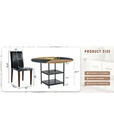 47.3" Round Dining Table Set with 4 Black Pu Chairs