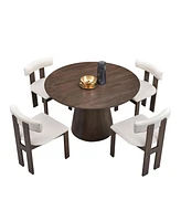 Round Brown Dining Set: Table & 4 Boucle Chairs