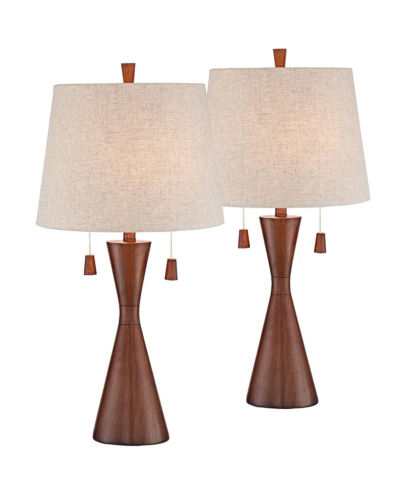 Omar Mid Century Modern Chic Style Table Lamps 28.75" Tall Set of 2 Warm Brown Wood Oatmeal Tapered Drum Shade Decor for Living Room Bedroom Hous