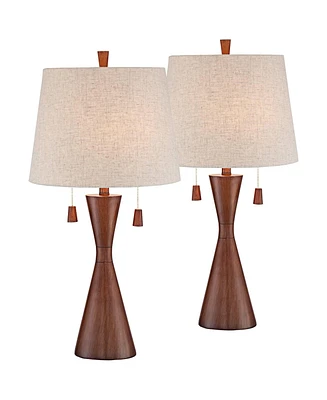Omar Mid Century Modern Chic Style Table Lamps 28.75" Tall Set of 2 Warm Brown Wood Oatmeal Tapered Drum Shade Decor for Living Room Bedroom Hous