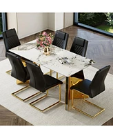 Pandora Stone Table & 6 Pu Chairs - Butterfly Legs