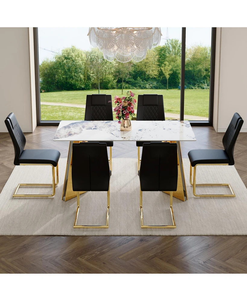 Pandora Stone Table & 6 Pu Chairs - Butterfly Legs