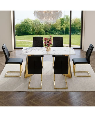Pandora Stone Table & 6 Pu Chairs - Butterfly Legs