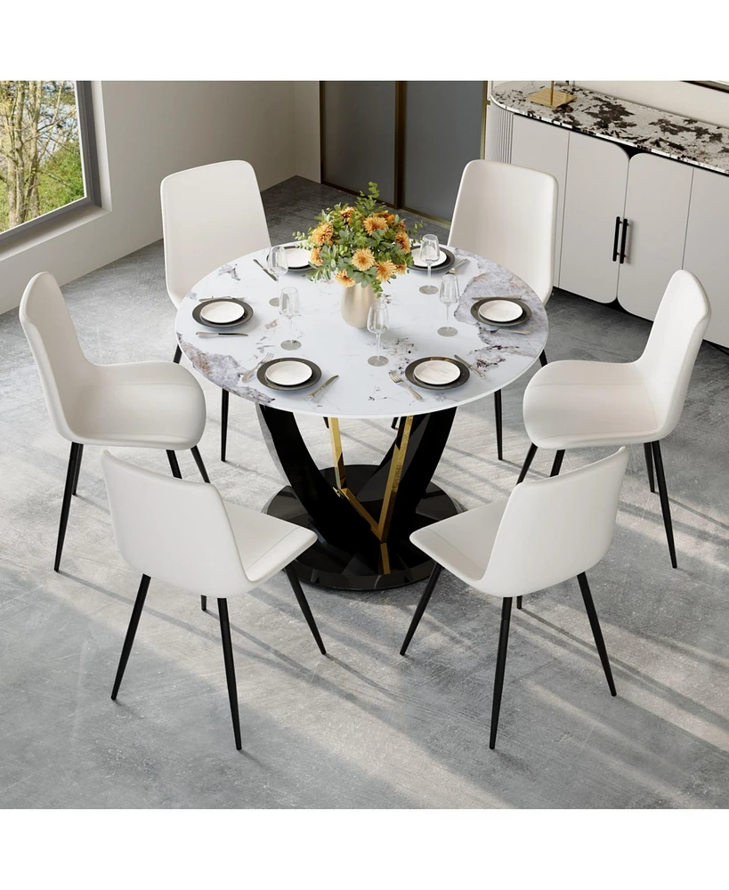 42" Round Glass Dining Set: Marble Table & 6 White Pu Chairs