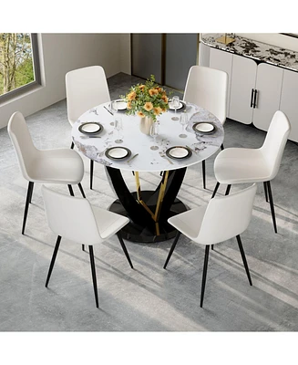 42" Round Glass Dining Set: Marble Table & 6 White Pu Chairs