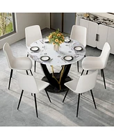 42" Round Glass Dining Set: Marble Table & 6 White Pu Chairs
