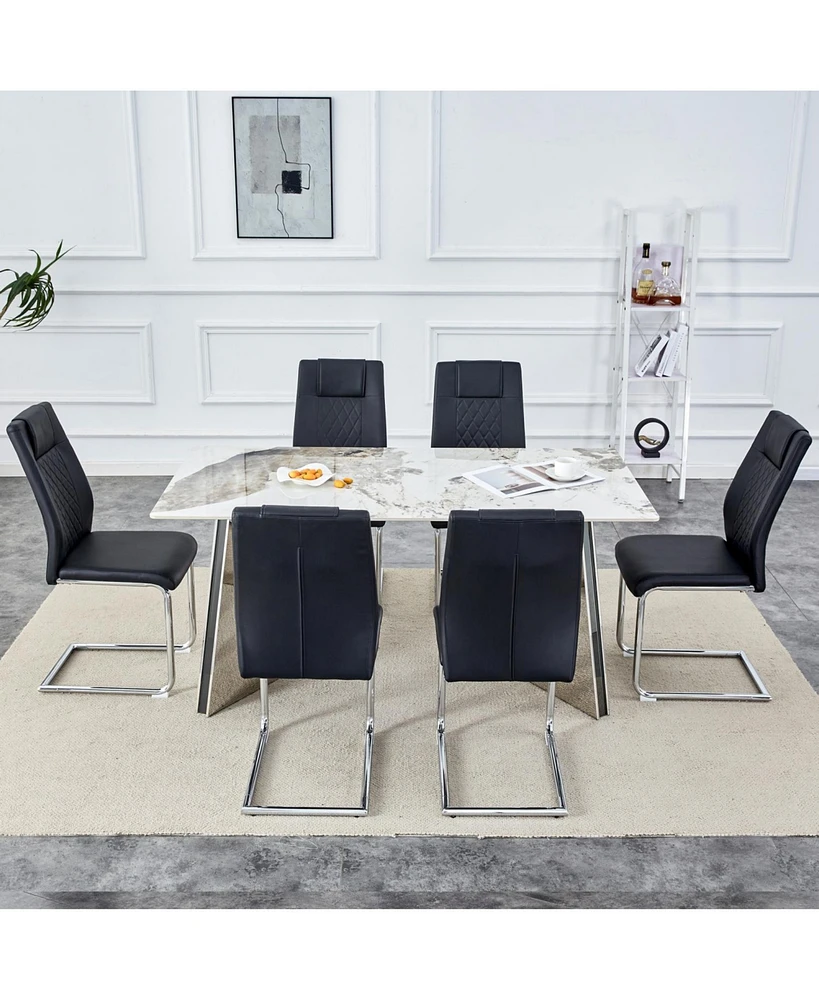 Pandora Stone Table & 6 Pu Chairs - Butterfly Legs
