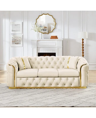90" Velvet Tufted Chesterfield Sofa - Beige