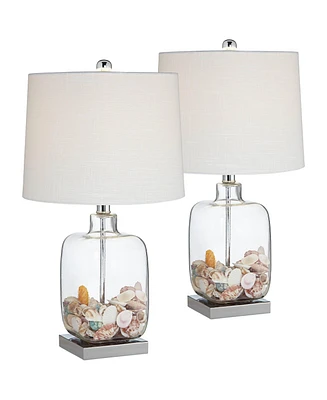 Coastal Accent Table Lamps 21 3/4" High Set of 2 Brushed Steel Clear Glass Fillable White Drum Shade Decor for Living Room Bedroom House Bedside