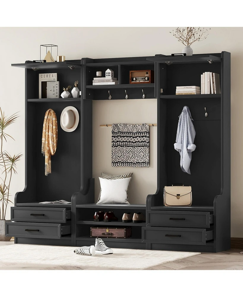 4-in-1 Hall Tree: Coat Rack, Bench, Storage, & Hooks - Black