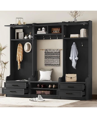 4-in-1 Hall Tree: Coat Rack, Bench, Storage, & Hooks - Black